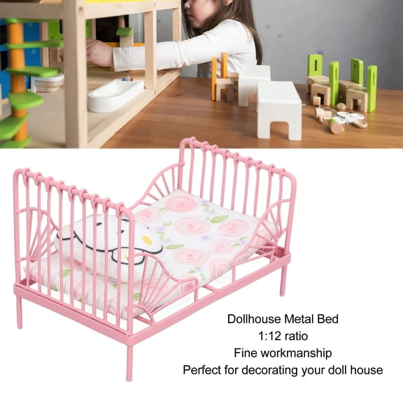 Dollhouse Miniature Metal Bed, <span Style="background:red"></span> 1:12 Scale, Durable Iron  Fabric