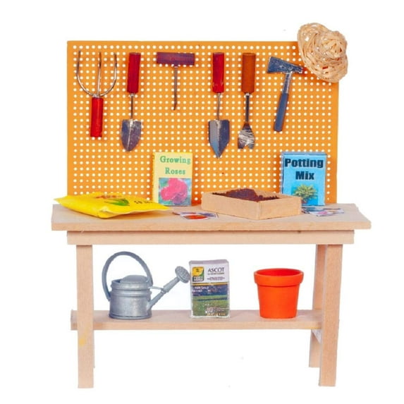 Dollhouse Miniature Potting Bench with Attached Accessories #SH0033