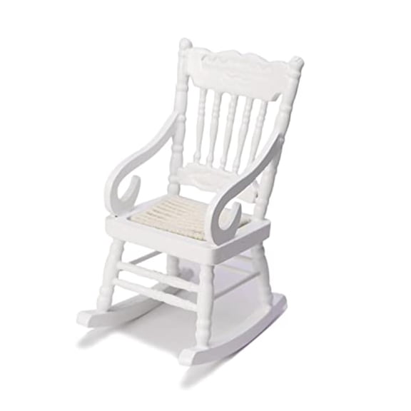 Dollhouse Miniature Rocking Chair 1:12 Scale Wooden Furniture Accessories Tiny Mini House Home Outdoor Cake Topper Decoration Model Living Room Scene Christmas Craft Displays (White)