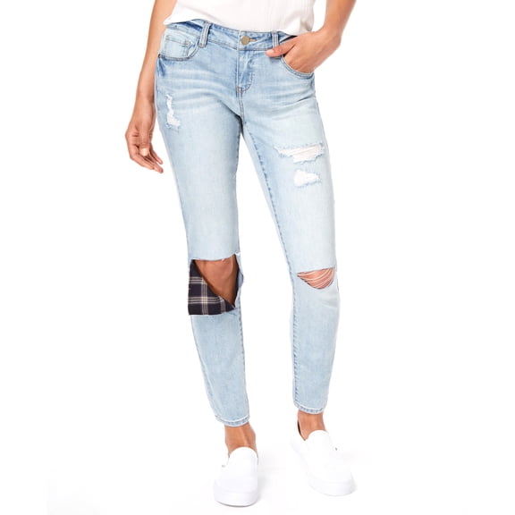 Dollhouse Juniors Rip Repair Ankle Skinny Jeans Light Wash Navy Plaid 1