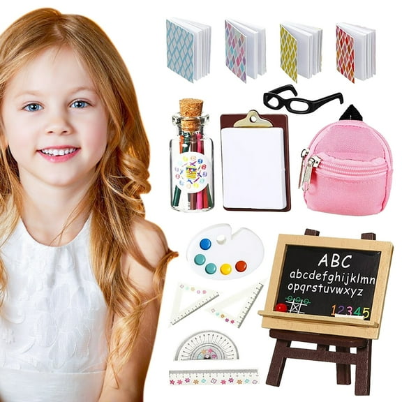 Dollhouse School Accessories Set - Miniature Backpack, Glasses, Blackboard, Books, Ruler & More - Tiny School Supplies for Doll House Learning Scenes, Display & Gift for Kids