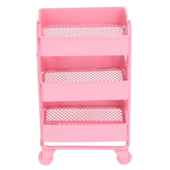Dollhouse Trolley Rack, Movable Metal Mini Dollhouse 3 Tier Storage Rack With Wheels For Kids Pink
