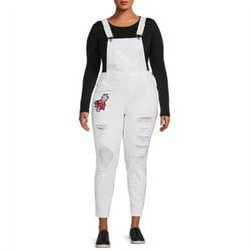 Dollhouse Women's Junior Plus Size Rose Embroidered White Skinny Side Slit Overall