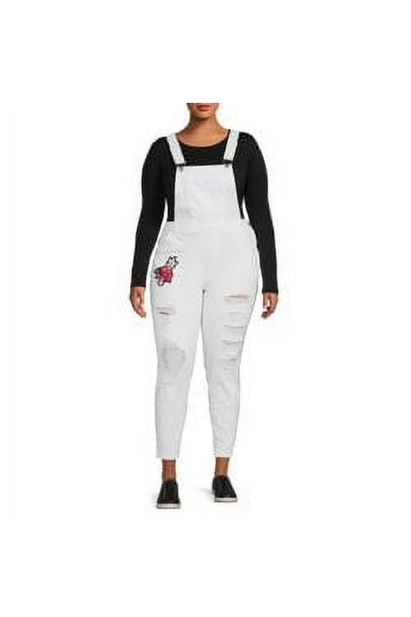Women's Junior Plus Size Rose Embroidered White Skinny Side Slit Overall