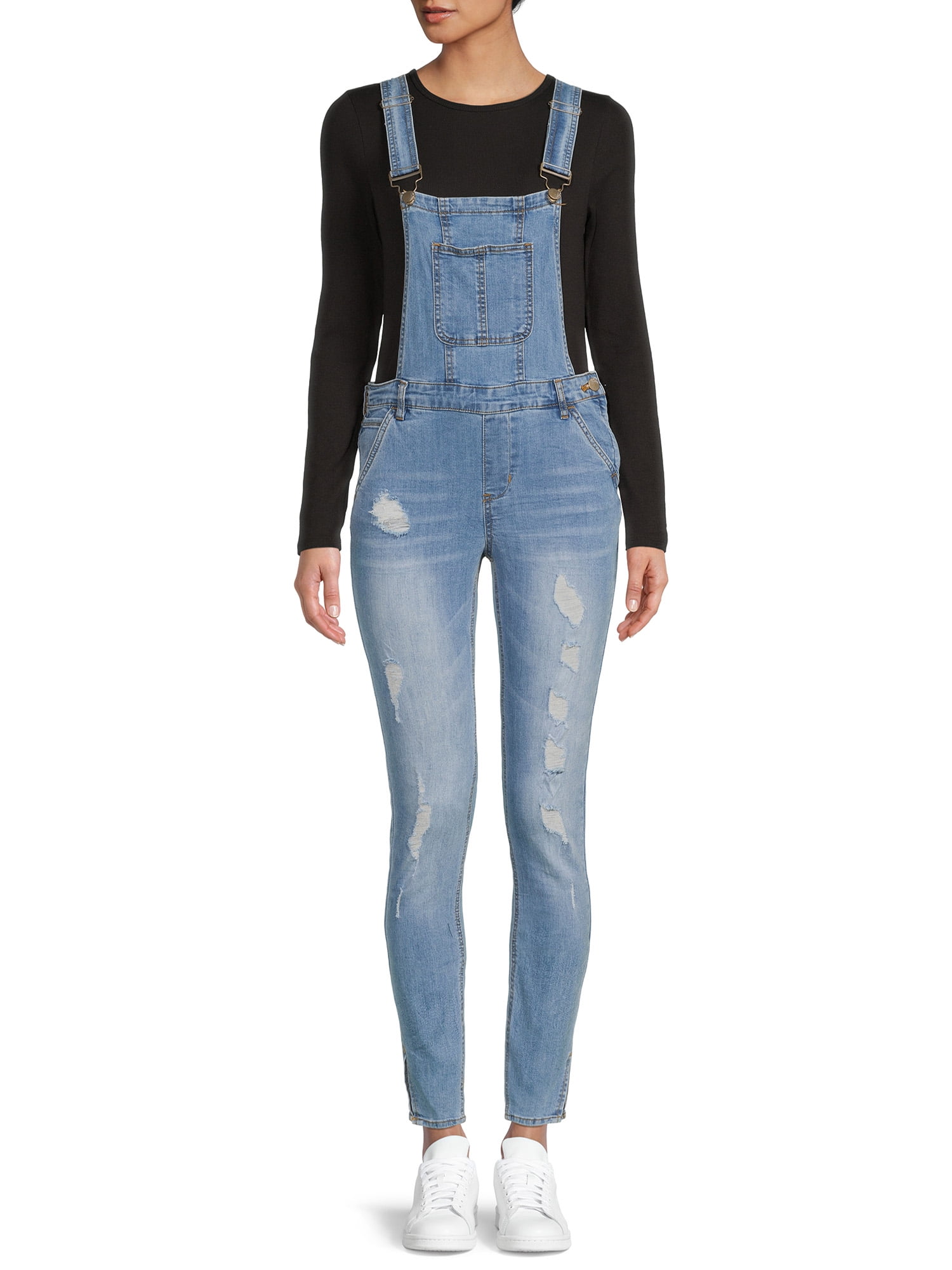 Dollhouse Women's Juniors Destructed Denim Overalls