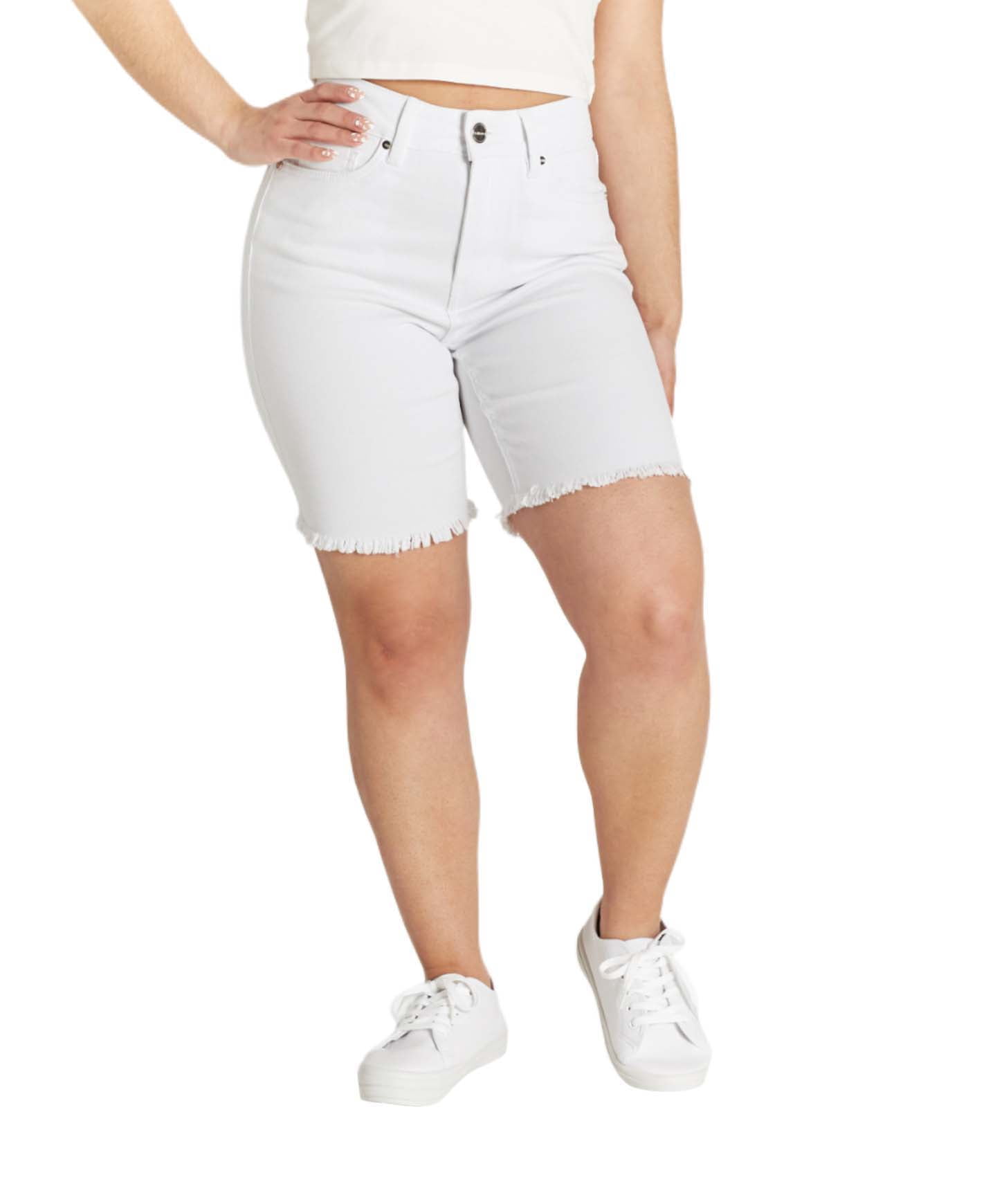 Dollhouse Women's Bermuda Shorts - 5-Pocket Dark Wash, Stretchy, With Destruction & Frayed Hem