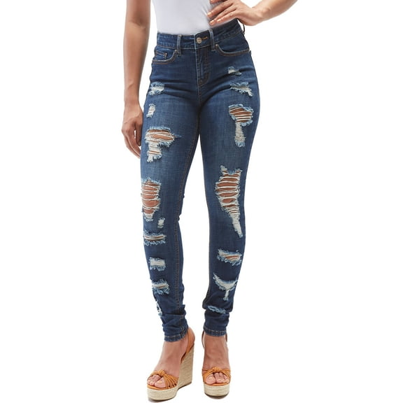 Dollhouse Women's Juniors Heavy Destruction Skinny Jean