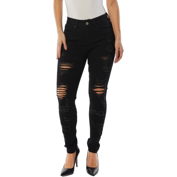 Dollhouse Women's Juniors Heavy Destruction Skinny Jean