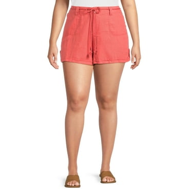 Dollhouse Women's Plus Size Cuffed Linen Shorts with Rope Belt