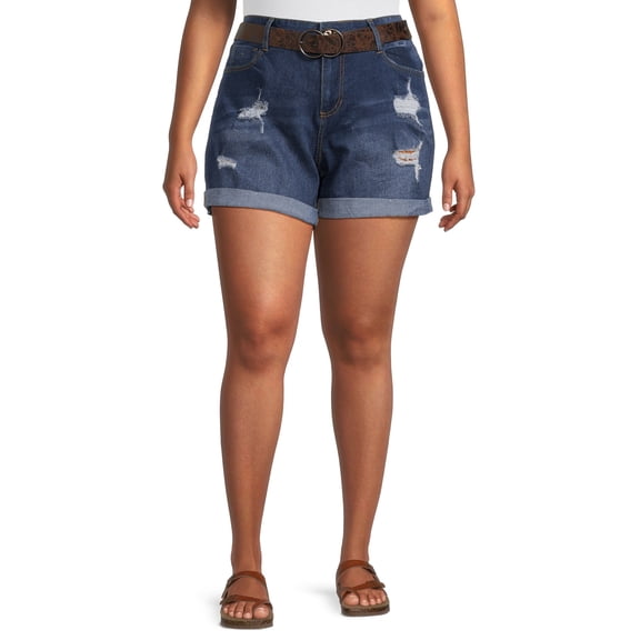 Dollhouse Women's Plus Size Roll Cuff Denim Shorts with Belt