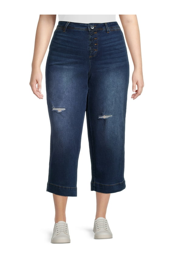 Womens Dark Wash Destructed Wide Leg