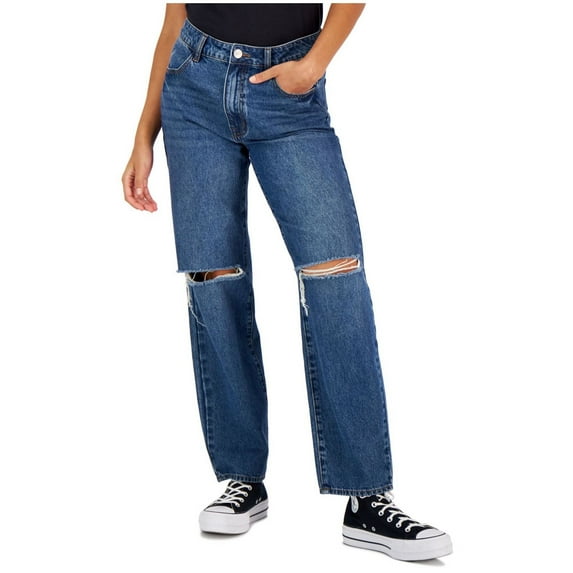 Dollhouse Womens Ripped Knee High Rise Dad Relaxed Fit Jeans, Blue, Juniors, 0