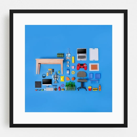 Dollhouse inventory / dark blue - Photography Pop Art Modern Art Minimalist Surrealism Humor Abstract Black Framed Wall Art Print 8 x 8 inches