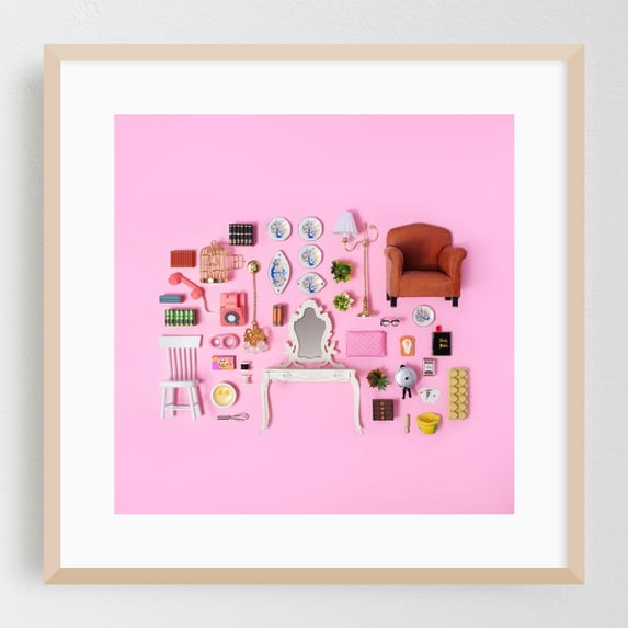 Dollhouse inventory / pink - Photography Whimsical Vintage Pastel Oak Framed Wall Art Print 12 x 12 inches