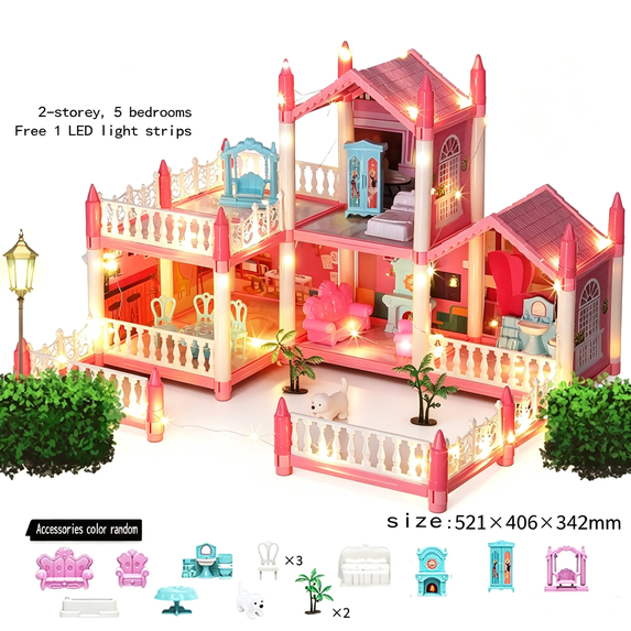 Large Doll House for Girls 5 Rooms Dream Dollhouse with Lights, Play Mat, Dolls, Furniture & Rich Accessories, Perfect Birthday gifts