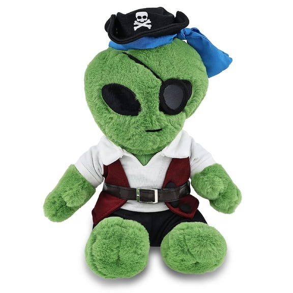 DolliBu Alien Stuffed Animal With Pirate Dress Up Set - Sea Adventure Plush Toy Stuffed Alien with Cute Pirate Costume - Hat, Shirt, Pants, Eye Patch, Belt - 11 Inches