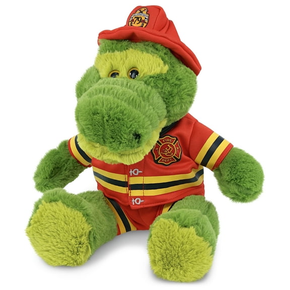 DolliBu Alligator Firefighter Stuffed Animal - Green Alligator Fireman Toy with Red Fireman Costume Outfit and Fireman Hat, Cute Wild Life Stuffed Animal Fire Fighter Doll Plush Toy for Kids - 10 Inch