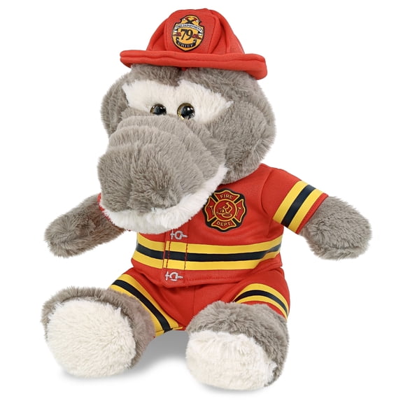 DolliBu Alligator Firefighter Stuffed Animal - Grey Alligator Fireman Toy with Red Fireman Costume Outfit and Fireman Hat, Cute Wild Life Stuffed Animal Fire Fighter Doll Plush Toy for Kids - 10 Inch