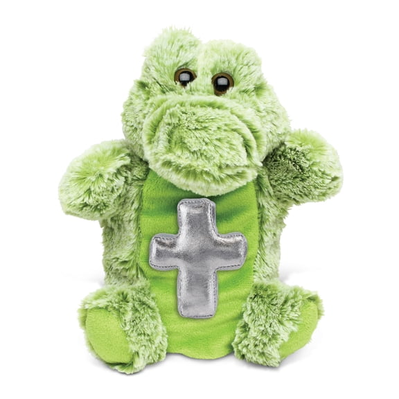 DolliBu Alligator Hand Puppet Stuffed Animal with Silver Cross - Religious Baptism Gifts for Boys and Girls, Dedication Christening Gifts Plush Prayer Toy Healing Stuffed Animal - 9 Inches