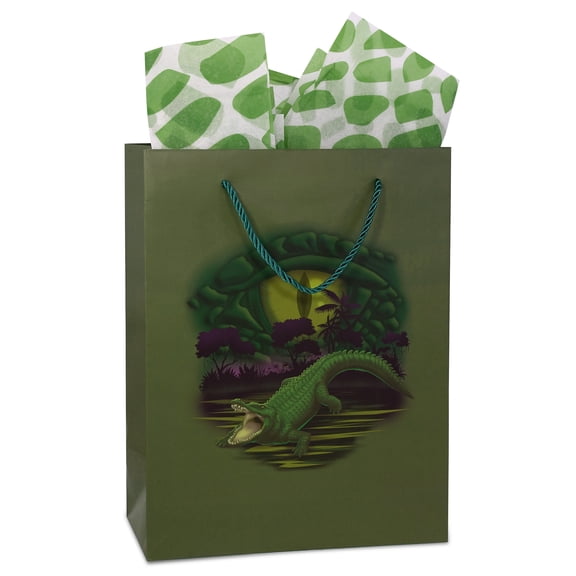 DolliBu Alligator Large Gift Bags with Tissue Paper, 12 Pc Set - Alligator Big Gift Wrap Bags with Handles and Alligator Tissue Paper for Holiday, Birthday, Party Favor Gift Bags - 13 Inch, 12 Pack
