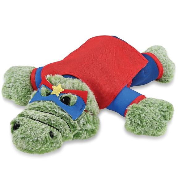 DolliBu Alligator Plush Stuffed Animal with Superhero Costume - Cute Wildlife Toy with Red Cape Blue Suit, Eye Mask - Super Hero Adventure Plush for Kids - 12 Inches