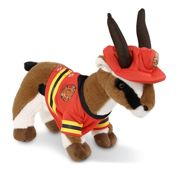 DolliBu Antelope Firefighter Stuffed Animal - Super Soft Antelope Fireman Toy with Red Fireman Costume Outfit and Fireman Hat, Wild Life Stuffed Animal Fire Fighter Doll Plush Toy for Kids - 10 Inch