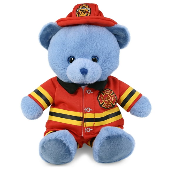 DolliBu Baby Blue Bear Firefighter Stuffed Animal - Super Soft Bear Fireman Toy with Red Fireman Costume Outfit and Fireman Hat, Wild Life Stuffed Animal Fire Fighter Doll Plush Toy for Kids - 8 Inch