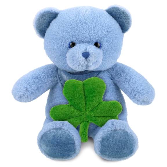 DolliBu Baby Blue Bear Stuffed Animal with Green Plush Shamrock, Cute Green Shamrock Plush, Fun St Patricks Day Stuffed Animal Bear, Good Luck St Patricks Day Toys for Kids, Baby - 8 Inches