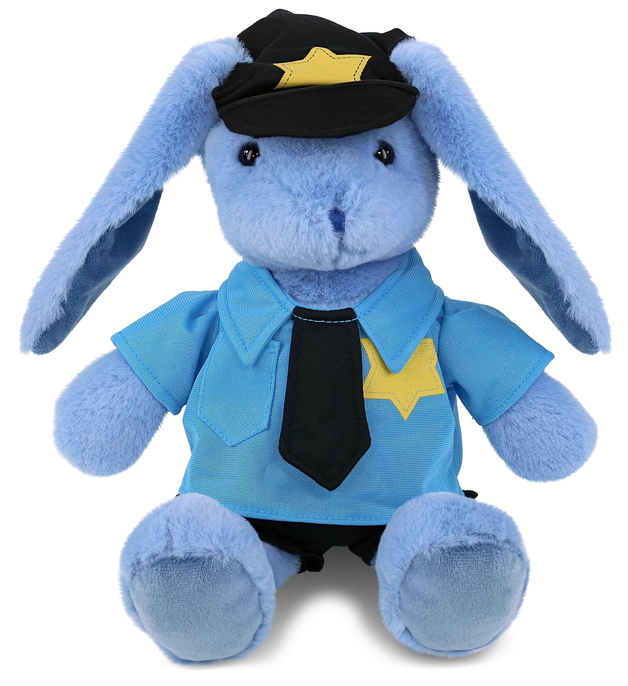 DolliBu Baby Blue Rabbit Police Officer Plush Toy – Super Soft Blue Rabbit Cop Stuffed Animal Dress Up Cop Uniform and Cap Outfit, Fluffy Blue Rabbit Policeman Toy Plush Gift for Kids – 8 Inches