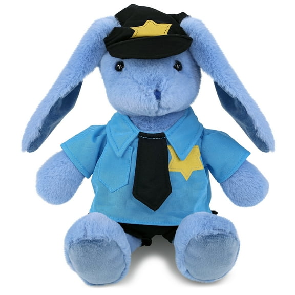 DolliBu Baby Blue Rabbit Police Officer Plush Toy  Super Soft Blue Rabbit Cop Stuffed Animal Dress Up Cop Uniform and Cap Outfit, Fluffy Blue Rabbit Policeman Toy Plush Gift for Kids  8 Inches