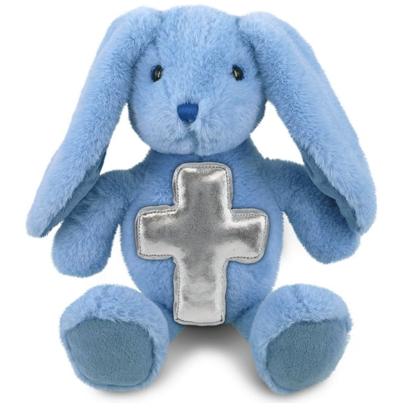 DolliBu Baby Blue Rabbit Stuffed Animal with Silver Cross Plush - Religious Baby Baptism Gift for Boys and Girls, Cute Baby Dedication Christening Gift Plush Prayer Toy Healing Teddy Bear - 8 Inches