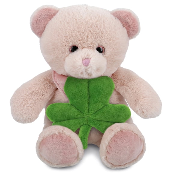 DolliBu Baby Pink Bear Stuffed Animal with Green Plush Shamrock, Cute Green Shamrock Plush, Fun St Patricks Day Stuffed Animal Bear, Good Luck St Patricks Day Toys for Kids, Baby - 8 Inches
