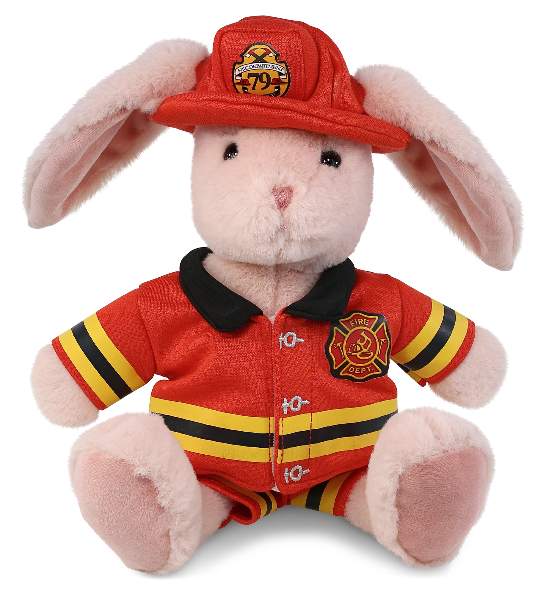 DolliBu Baby Pink Rabbit Firefighter Stuffed Animal - Rabbit Fireman Toy with Red Fireman Costume Outfit and Fireman Hat, Cute Wild Life Stuffed Animal Fire Fighter Doll Plush Toy for Kids - 8 Inch