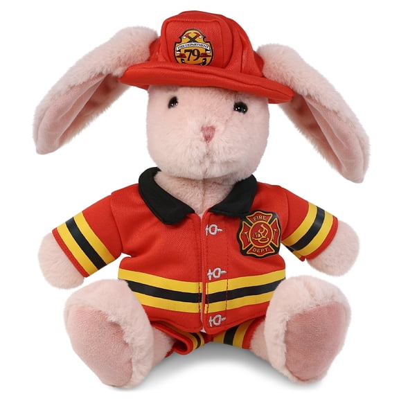 DolliBu Baby Pink Rabbit Firefighter Stuffed Animal - Rabbit Fireman Toy with Red Fireman Costume Outfit and Fireman Hat, Cute Wild Life Stuffed Animal Fire Fighter Doll Plush Toy for Kids - 8 Inch