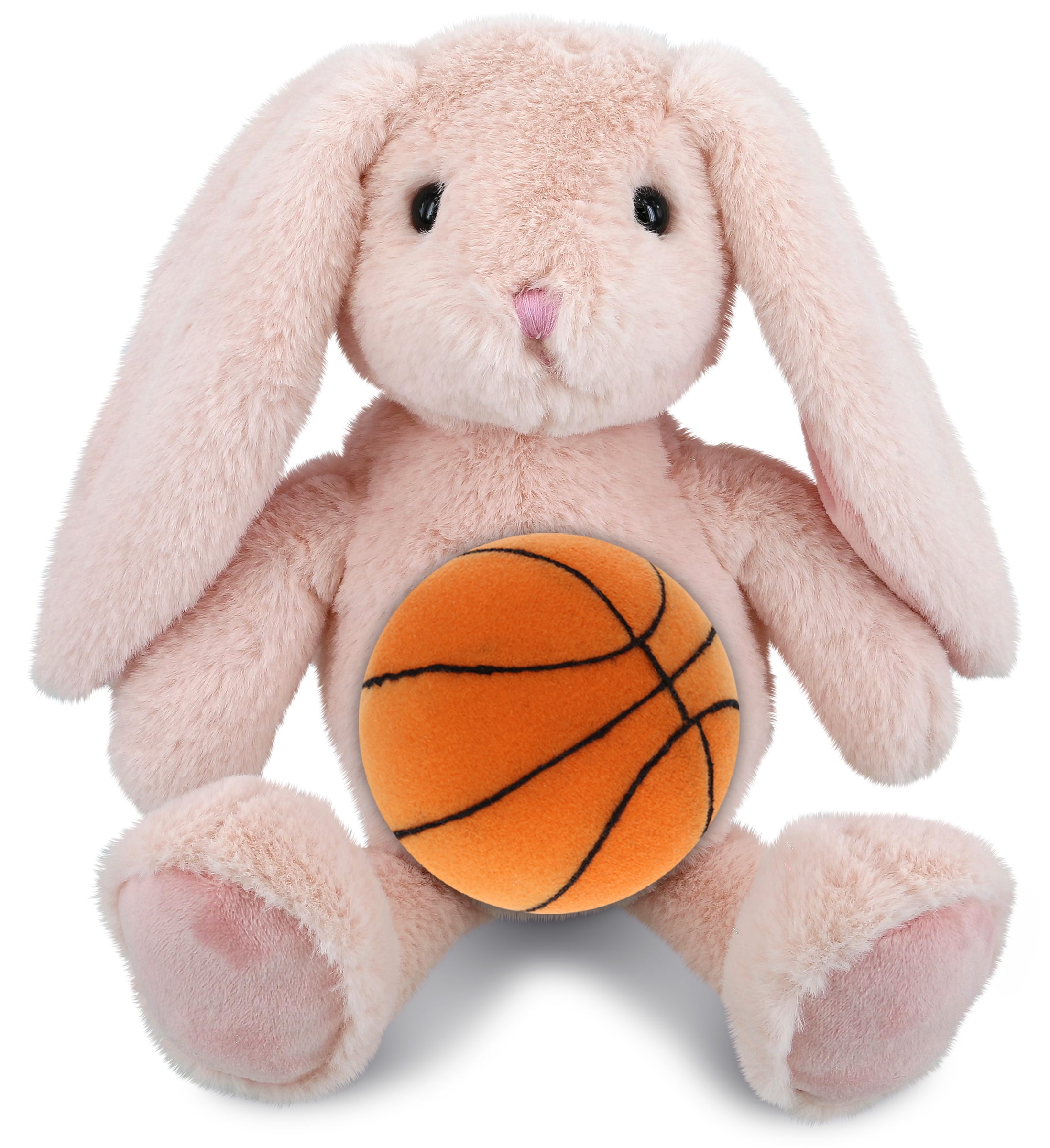 DolliBu Baby Pink Rabbit Stuffed Animal with Basketball Plush – Soft Huggable Rabbit, Adorable Playtime Rabbit Plush Toy, Cute Farm Life Gift, Plush Doll Animal Toy for Kids and Adults – 8 Inches
