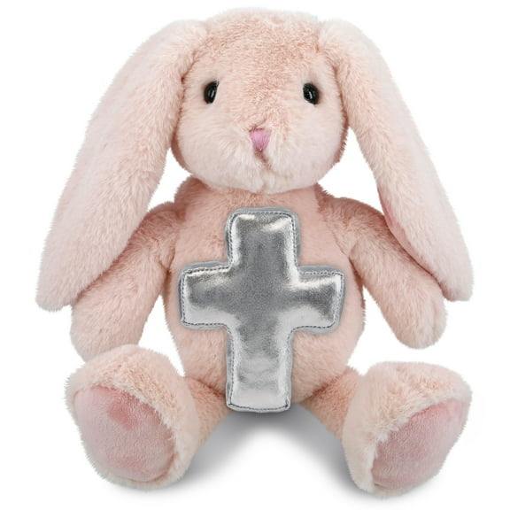 DolliBu Baby Pink Rabbit Stuffed Animal with Silver Cross Plush - Religious Baby Baptism Gift for Boys and Girls, Cute Baby Dedication Christening Gift Plush Prayer Toy Healing Teddy Bear - 8 Inches