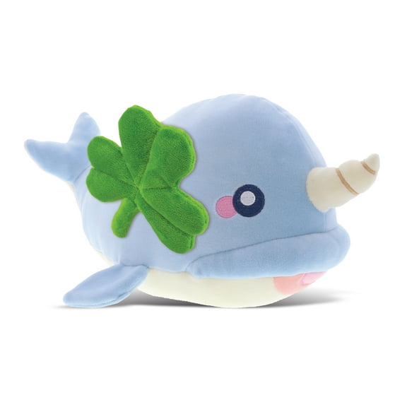 DolliBu Baby Soft Blue Narwhal Stuffed Animal with Green Plush Shamrock, Cute Green Shamrock Plush, St Patricks Day Stuffed Animal Narwhal, Good Luck St Patricks Day Toys for Kids, Baby - 11.75 Inches