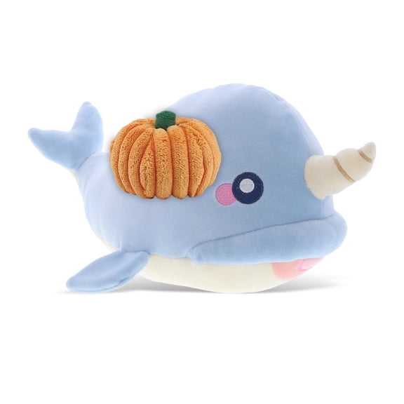 DolliBu Baby Soft Blue Narwhal Stuffed Animal with Pumpkin Decor - Pumpkin Plush Animal for Fall, Halloween and Thanksgiving, Pumpkin Toy for Baby, Kids, Adults - 11.75 Inches