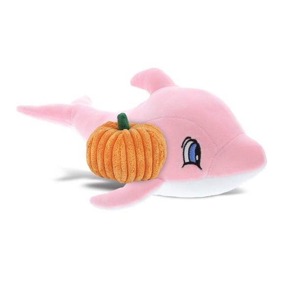 DolliBu Baby Soft Pink Dolphin Stuffed Animal with Pumpkin Decor - Pumpkin Plush Animal for Fall, Halloween and Thanksgiving, Pumpkin Toy for Baby, Kids, Adults - 12 Inches