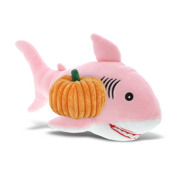 DolliBu Baby Soft Pink Shark Stuffed Animal with Pumpkin Decor - Pumpkin Plush Animal for Fall, Halloween and Thanksgiving, Pumpkin Toy for Baby, Kids, Adults - 12 inches
