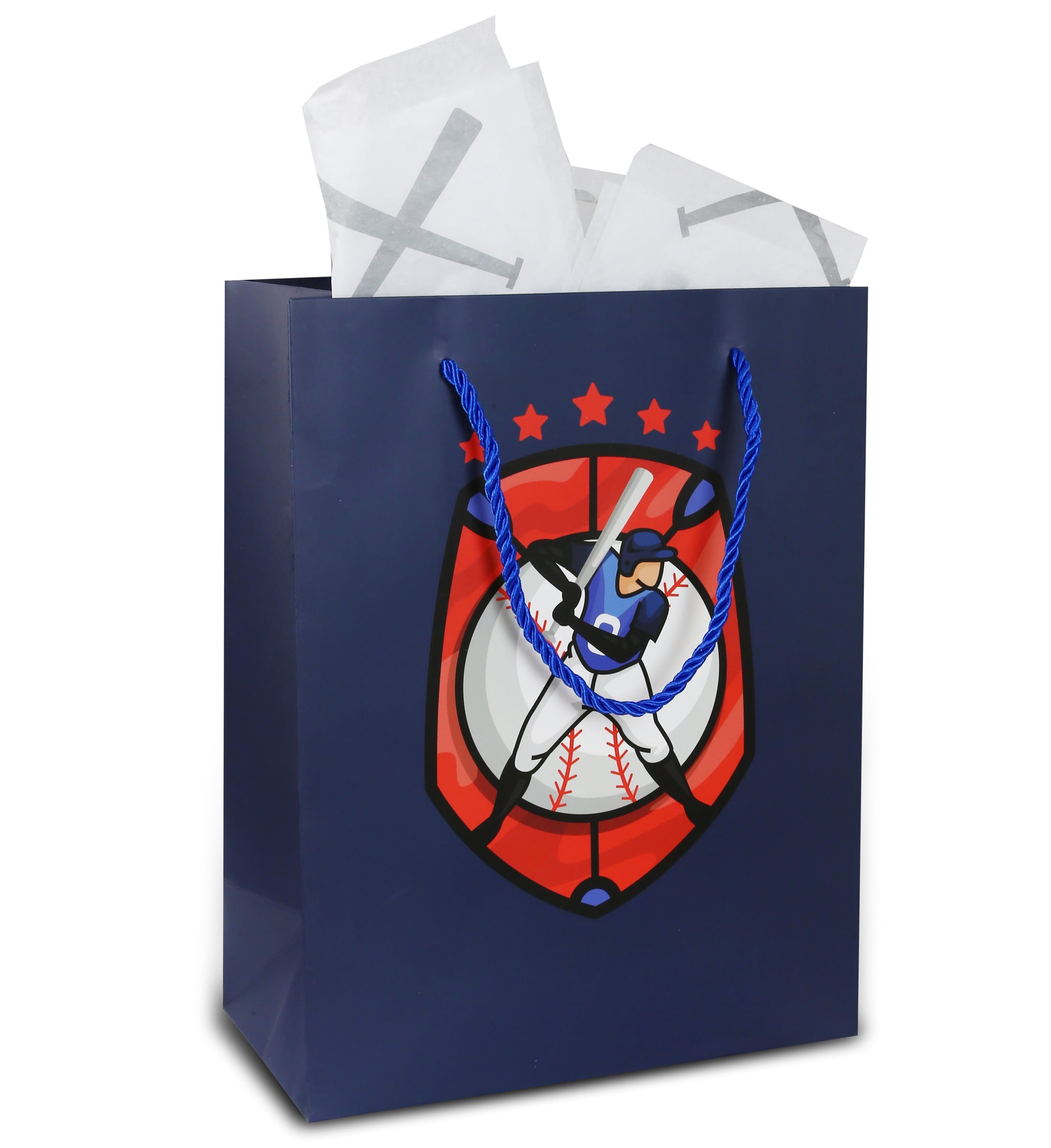 DolliBu Baseball Gift Bag with Tissue Paper - Premium Reusable Blue Baseball Sport Large Gift Bag with Handles For Baseball Birthday Decorations, Kids Birthday Gift Bag, Present Gift Wrap - 13 Inch