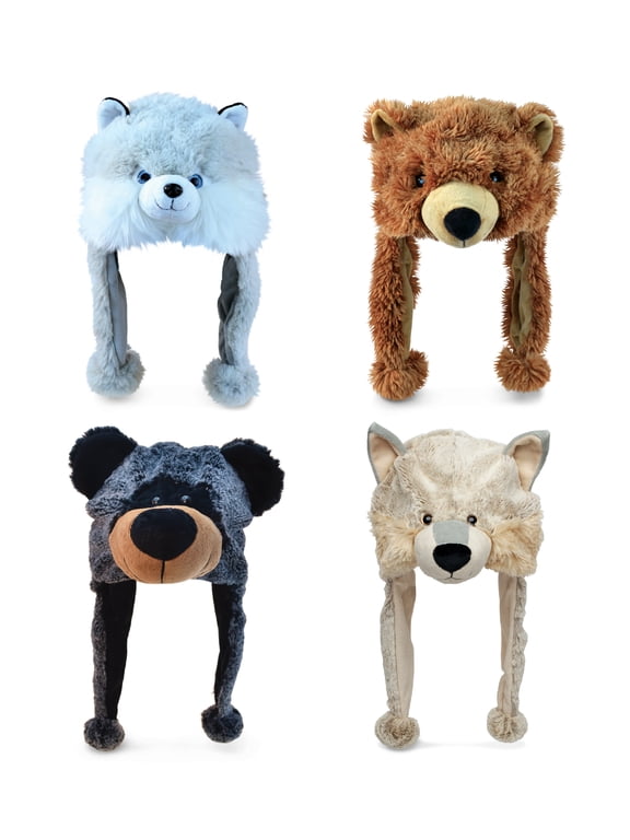 Bears and Dogs Animal Plush Hat Set of 4 – Super Soft Black Bear, Wolf, Grizzly, Husky Warm Hats with Ear Flaps, Cute Stuffed Animals Toy Hats, Cozy Fleece Winter Hat for All Ages - 1 Size