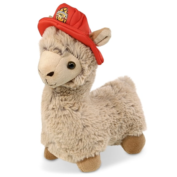 DolliBu Beige Llama Firefighter Stuffed Animal - Super Soft Llama Fireman Toy with Red Fireman Hat Outfit, Cute Farm Life Animal Fire Fighter Doll Plush Toy for Kids and Adults - 11 Inch