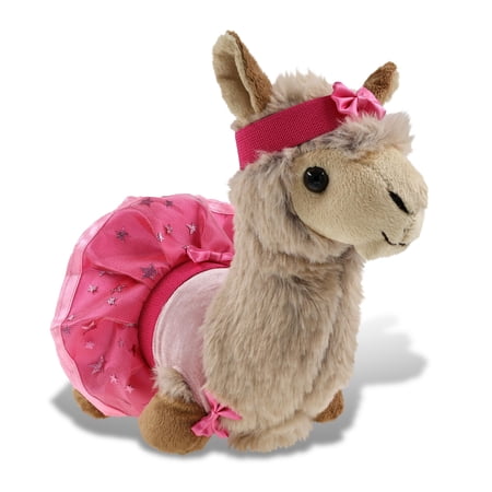 DolliBu Beige Llama Stuffed Animal with Ballerina Dress Up Set - Cute Llama Plush Toy in Ballet Costume with Tutu Skirt, Headband, and Shirt for Kids and Adults - 11 Inches