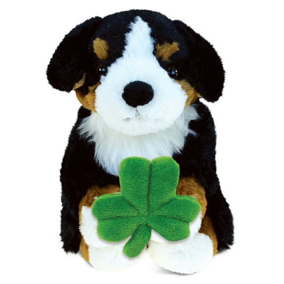 DolliBu Bernese Mountain Dog Stuffed Animal with Green Plush Shamrock, Cute Green Shamrock Plush, Fun St Patricks Day Stuffed Animal Dog, Good Luck St Patricks Day Toys for Kids, Baby - 8 Inches