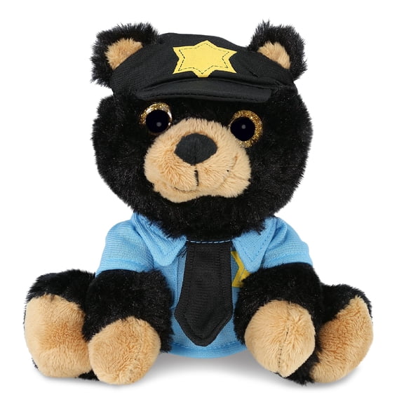 DolliBu Big Eye Black Bear Police Officer Plush Toy Super Soft Cop Stuffed Animal Dress Up Cop Uniform and Cap Outfit, Cute Fluffy Bear Policeman Toy Plush Gift for Kids 6.5 Inches