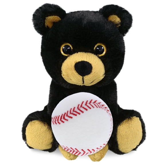 DolliBu Big Eye Black Bear Stuffed Animal with Baseball Plush - Soft and Huggable Black Bear Gift, Cute Wild Animal with Plush Baseball Toy for Kids, Adults - 6.5 Inches