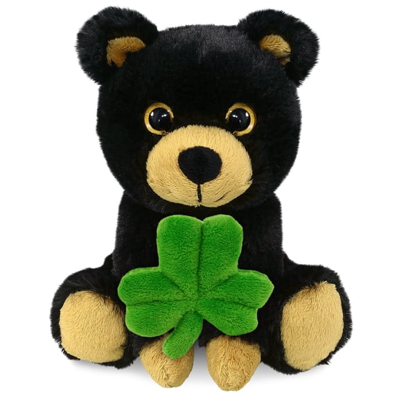 DolliBu Big Eye Black Bear Stuffed Animal with Green Plush Shamrock, Cute Green Shamrock Plush, Fun St Patricks Day Stuffed Animal Bear, Good Luck St Patricks Day Toys for Kids, Baby - 6.5 Inches