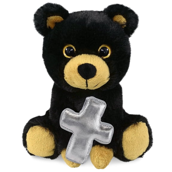 DolliBu Big Eye Black Bear Stuffed Animal with Silver Cross Plush - Religious Baptism Gifts for Boys and Girls, Dedication Christening Gifts Plush Prayer Toy Healing Stuffed Animal - 6 Inches