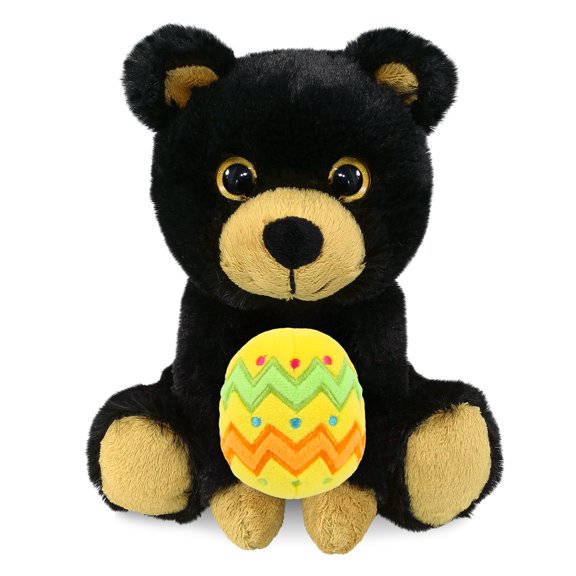 DolliBu Big Eye Black Bear with Yellow Easter Egg Plush - Perfect Black Bear Stuffed Animals for Easter Basket, Cute Easter Egg Stuffed Animal Spring Toys for Girls, Boys, and Babies - 6.5 Inches